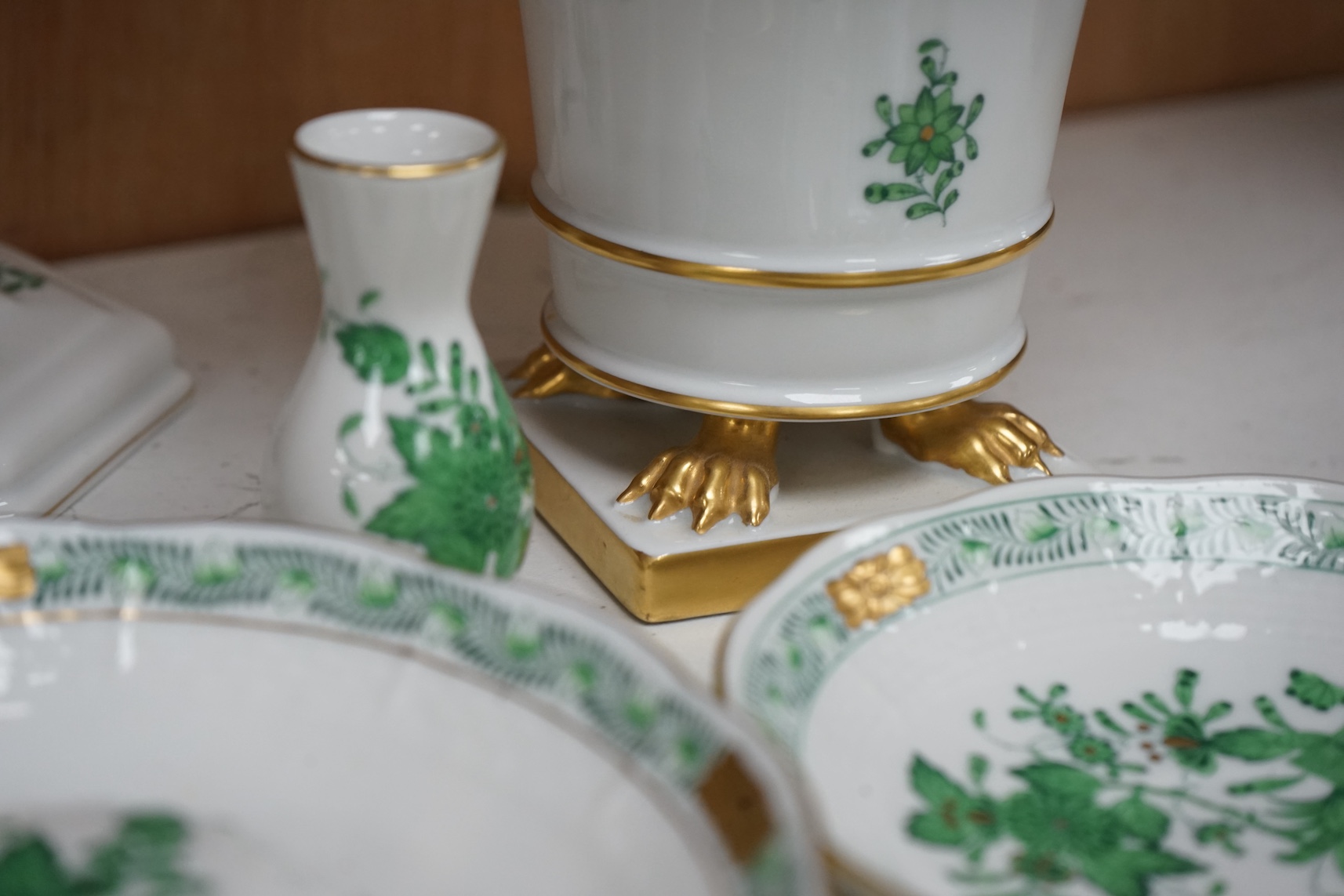 A collection of small items of Herend china: including eight items of a tea for two, a tureen and cover, a vase and various ticket dishes, baskets etc, coffee pot 13cm high. Condition - good